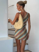 Robes de plage estivales pour les vacances, dos nu, épaules asymétriques, robes droites, nouvelle collection 2026, à une épaule, rayées, respirantes, tricotées pour femmes