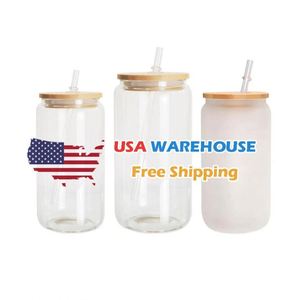 En stock entrepôt USA : Verres à bière en verre transparent dépoli de 12oz et 16oz, vierges pour sublimation, avec couvercle en bambou et paille - Product Image 2