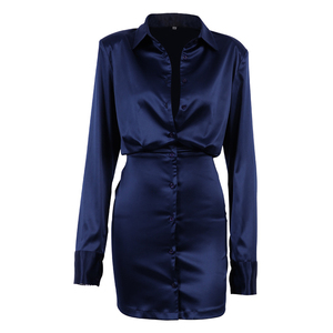 Otoño 2023 diseñador venta al por mayor <span class=keywords><strong>bluey</strong></span> ropa señora vestido Sexy Mini camisa manga larga Vestido de satén - Product Image 5