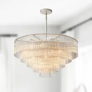 Modern Crystal Glass Rod Pendants Multi-Layer Chandelier Lighting Fixture For Living Dining Room Kitchen Island Foyer Lobby