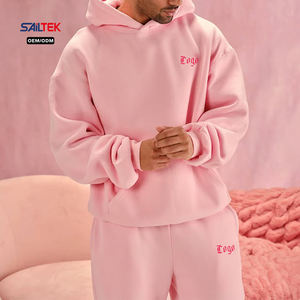 Ensemble survêtement molletonné épais rose personnalisé avec logo, comprenant un sweat à capuche oversize et un pantalon de jogging, deux pièces pour hommes et femmes - Product Image 1