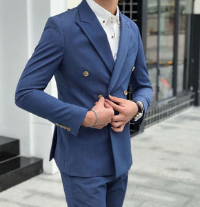 Custom Made Migliore degli uomini Blu A Doppio Petto Slim Fit Giacca Sportiva degli uomini di Partito 2 Pezzo del <span class=keywords><strong>Vestito</strong></span> di Autunno abito Da Sposa Sposo ha raggiunto il picco Risvolto <span class=keywords><strong>Vestito</strong></span> - Product Image 5