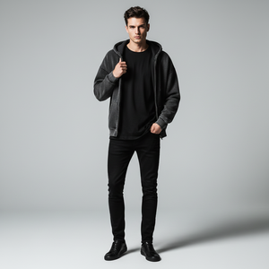 Sweat à capuche zippé en molleton épais 355 GSM, coupe droite, brodé, délavé, pour homme, épaules tombantes, streetwear premium, XL - Product Image 1