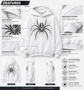 Men's <b>White</b> Spider Print Hoodie Casual Fleece Pullover <b>Sweatshirt</b> with Kangaroo Pocket 100% Cotton Premium Quality Customized - Product Image 5