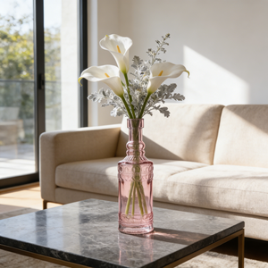 Vaso Vintage in Vetro Rosa con Motivi Floreali in Rilievo, Contenitore per Centrotavola Matrimoniale, Eleganti Bomboniere e Forniture per Boutique - Product Image 2