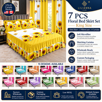 Lot de 7 pièces de literie matelassée King Size avec jupe de lit, taies d'oreiller et rideaux assortis, motif floral