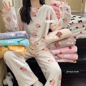 Fall Winter Thickened Cartoon Coral Velvet Flannel Women Pajama Sets Long Sleeve Pant Thermal Girls Nightwear - Product Image 2