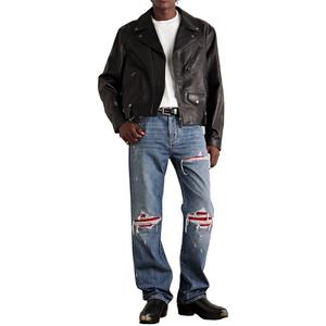 ผู้ผลิตกางเกงยีนส์ OEM ทรงตรง ขาดแต่ง ซ่อมแซมด้วยผ้าหนังกลับ กางเกงยีนส์สีน้ำเงินฟอกทรงหลวม - Product Image 2