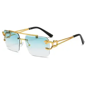 2023 Günstige Mode Vintage Leopard Head Double Bridge Stilvolle randlose Sonnenbrille UV400 Schutz Frauen Sonnenbrille