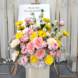 Arche de mariage en fleurs artificielles en soie, roses roses et jaunes mélangées, décorations faites à la main, toile de fond romantique et rêveuse - Product Image 2