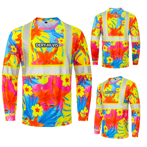เสื้อเชิ้ตทำงานนิรภัยแขนยาวแบบสะท้อนแสง DERY Custom Hawaiian Hi Vis มาตรฐาน ANSI Class 2 พร้อมไฟ LED สำหรับงานก่อสร้าง ผู้ชาย - Product Image 1