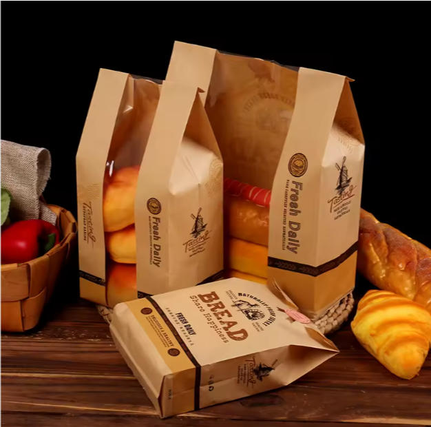 Custom Brown Food Grade Kraft Paper Stand Pouch Resealable Packaging Bag for Bakery Toast Cake Durable Eco-Friendly Material