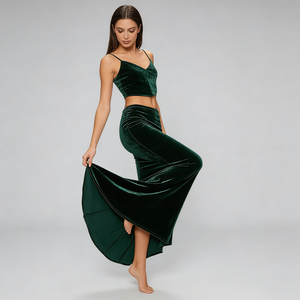Jupes longues de soirée formelles confortables en <span class=keywords><strong>velours</strong></span> doux vert foncé sexy à taille haute pour femmes - Product Image 4
