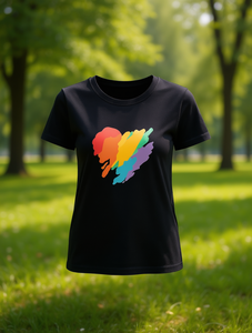 T-shirt da donna casual a maniche corte, vestibilità ampia, nera con stampa a cuore colorata, in tessuto morbido e traspirante, top estivo - Product Image 2