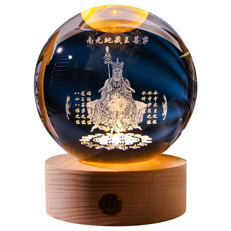 Estatua de cristal de Bodhisattva Bola de cristal grabada con láser 3D con lámpara de noche de luz LED de madera