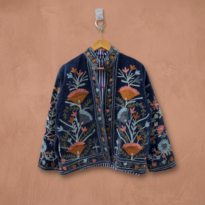 Custom Hand Embroidered Navy Velvet Suzani Jacket Women <b>Reversible</b> Floral Short <b>Coat</b> Wholesale Boho Ethnic Outerwear Suzani - Product Image 1