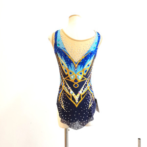 LIUHUO Body da Ginnastica Ritmica Blu con Motivo Intricato di Strass, Design Senza Maniche, Costume da Esibizione per Ragazze JC359 - Product Image 2