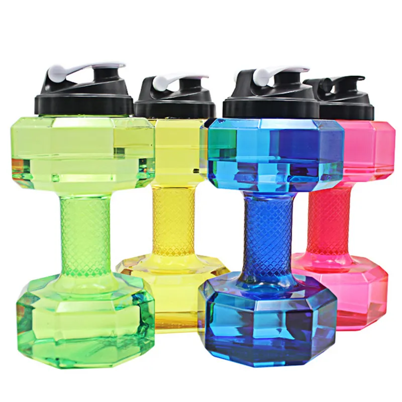 BPAフリープラスチックジムスポーツボトルダンベルウォーターボトルフィットネスボトル