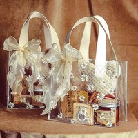 Sac fourre-tout transparent en PVC personnalisable style européen pour la fête des mères, les mariages ou les anniversaires, avec ruban et étiquette perlée
