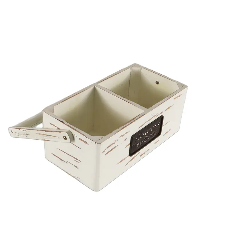 Hot sell Wholesale Decorative Storage Wooden Crates 2 Compartment Torched Wood Kitchen Dining Utensil Organizer Caddy