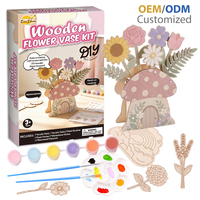 Kit DIY Vase à Fleurs en Bois à Peindre, Base Maison Champignon avec Découpes de Fleurs en Bois Assorties, Pinceaux et Autocollants Strass pour Enfants