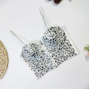 Mejor precio con cuentas corsé superior cremallera mejor precio Rhinestone Crop Top Sexy Bustier cuello <span class=keywords><strong>Halter</strong></span> tejido de punto para mujeres tetonas - Product Image 4