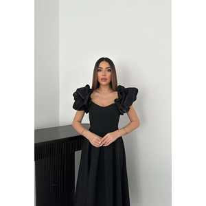 ชุดเดรสผ้าซาตินสีดำขายส่ง แขนจีบระบายทรงบอลลูน ชุดเดรสทำงานสุดหรู - Product Image 3