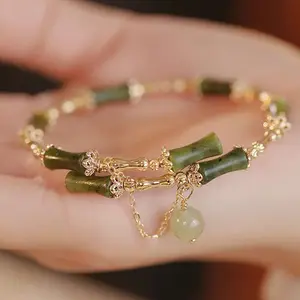 Pulsera de bambú verde Vintage de estilo chino para mujer, abalorio de flor de Orquídea de campana, pulsera de cuentas de Jade Retro de Bambú