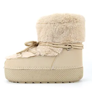 低胸设计冬季雪地靴毛皮装饰毛绒衬里皮靴