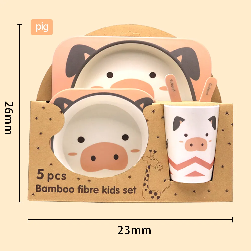 5 pezzi di stoviglie per bambini in bambù con alimenti piatto/ciotola/tazza/cucchiaio/forchetta _ cartone animato animale stoviglie in bambù per bambini