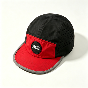 5 Panel Camp Cap Custom Woven Patch Logo Black Red Laser Cut Canvas Outdoor Sport Travel Adults Unisex Lightweight Quick Dry - Product Image 4