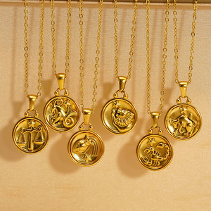Collar con Colgante del Zodiaco de Doble Cara, Chapado en Oro de 18K, Acero Inoxidable, Resistente al Agua, PVD, Sin Deslustre, Elegante Joyería - Product Image 1