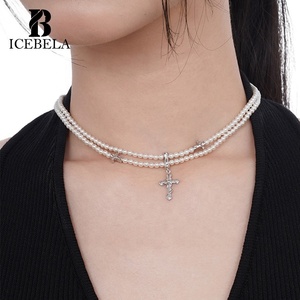 ICEBELA Trendy Luxo Coreano Elegante Plata 925 Sterling <span class=keywords><strong>Silver</strong></span> Chic Dupla Camada Pérola Cadeia Pingente Cruz Colares para As Mulheres - Product Image 4