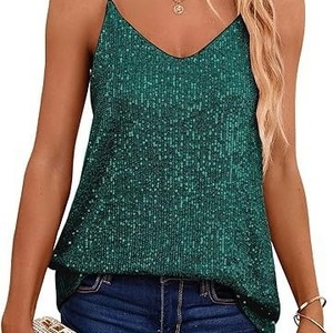 Women <b>Sequin</b> V Neck Sleeveless Camisole Light Gold Breathable Casual <b>Top</b> 3D Effect Polyester Shirt - Product Image 4