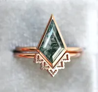 Engagement Ring Rings 14K Rose Gold Kite Shaped Moss Green Agate Engagement Ring With Lace Band