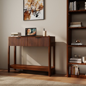 Mid Century Modern Fluted Console <b>Table</b> <b>Walnut</b> Finish 2 Drawers Open Shelf Narrow Entryway Sofa <b>Table</b> - Product Image 2