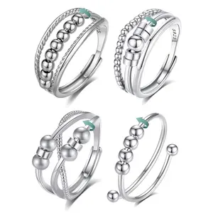 Fashion Hot Sale Jewelry Rotatable Spinning Beads 925 Sterling Silver Tranquillity Anti Anxiety Relief Fidget Ring For Women