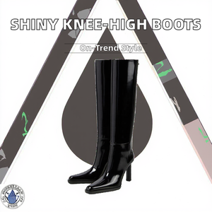 Bottines longues à bout pointu pour femmes, en cuir verni miroir, noires, talons épais, uniques, pour l'hiver/le printemps/l'automne - Product Image 4