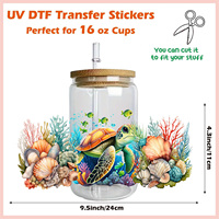 Autocollant de transfert UV DTF pour gobelet de 16 oz, motif tortue mignon, personnalisé, étanche, pour vente en gros et en vrac