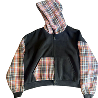 TKAN341 Sweats à capuche personnalisés en patchwork à carreaux pour hommes, en flanelle délavée, noir, coupe ample, lourd, vintage, veste à capuche