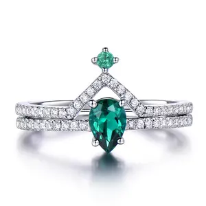 ขายส่ง emerald pear หมั้นแหวน-เครื่องประดับที่เรียบง่ายโรเดียมลูกแพร์ตัดมรกต CZ หมั้นชุดที่ละเอียดอ่อนแหวนเพชร