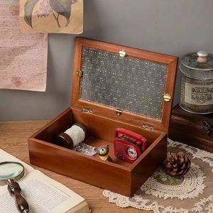 Wooden <b>Storage</b> Box Rectangular Flip Top Engraved Glass Lid Jewelry Organizer Desktop Decorative Box For <b>Dressing</b> <b>Table</b> - Product Image 3