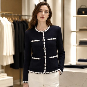 Giacca da <span class=keywords><strong>donna</strong></span> in <span class=keywords><strong>tweed</strong></span> 100% lana double-face, blazer corto con collo rotondo e bordi colorati per il commuting - Product Image 1