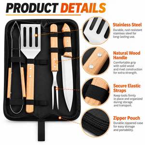 4-Piece <b>Wooden</b> Handle Stainless Steel BBQ Grill <b>Tool</b> <b>Set</b> with Carrying Bag - Product Image 3