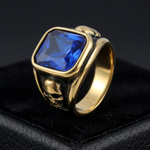 Bague pour homme en forme de crâne avec pierre précieuse, plaqué or 18 carats, sertissage clos de pierre bleue, design géométrique, tendance, pour usage quotidien - Product Image 1