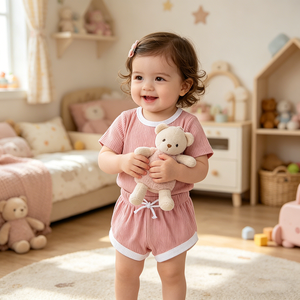 Conjunto de Ropa de Verano para Niños y Niñas, Estilo Moderno Retro Vintage, Camiseta Ribbed con Mangas en Contraste y Pantalones Cortos para Bebés y Niños Pequeños - Product Image 4