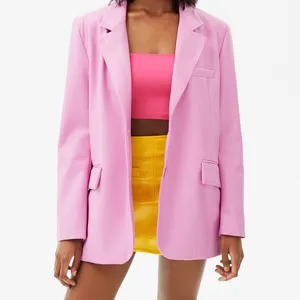 Luxury High Quality Fashion Blazer Women Pink Faux Leather Single Button Lapel Blazer Long Sleeves Jacket Coat Casual