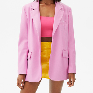 Luxury High Quality Fashion <strong>Blazer</strong> <strong>Women</strong> Pink <strong>Faux</strong> <strong>Leather</strong> Single Button Lapel <strong>Blazer</strong> Long Sleeves Jacket Coat Casual - Product Image 1