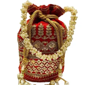 <b>Wedding</b> Hand Crafted Patola Print Potli With Gota Patch <b>Bag</b> With Beaded Chain <b>for</b> Women Evening <b>Bags</b> Embroidery Handbag - Product Image 1