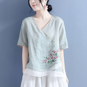 Women Cotton Linen V-neck Short Sleeve Top With Floral Embroidery Chinese Style Tea Dress Breathable Summer <b>Blouse</b> - Product Image 1